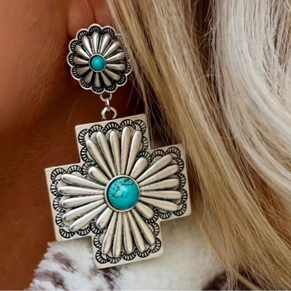 Silver Plated Native American Style Silver and Turquoise Drop Earrings